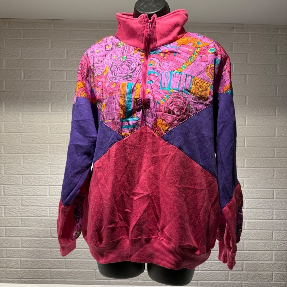 Vintage Lavon By Cheerful Corp Retro Abstract Print Fleece Lined 1/4 Zip